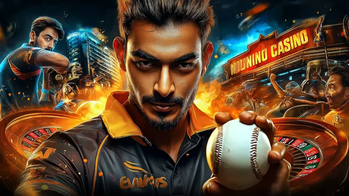 একজন তীব্র ক্রিকেট খেলোয়াড় ক্রিকেট বলটি ধরে একটি সমন্বিত চিত্রে, যেখানে একটি স্পোর্টস স্টেডিয়াম kv8 প্ল্যাটফর্মের প্রাণবন্ত নিওন-আলোকিত পরিবেশের সাথে মেশানো হয়েছে।