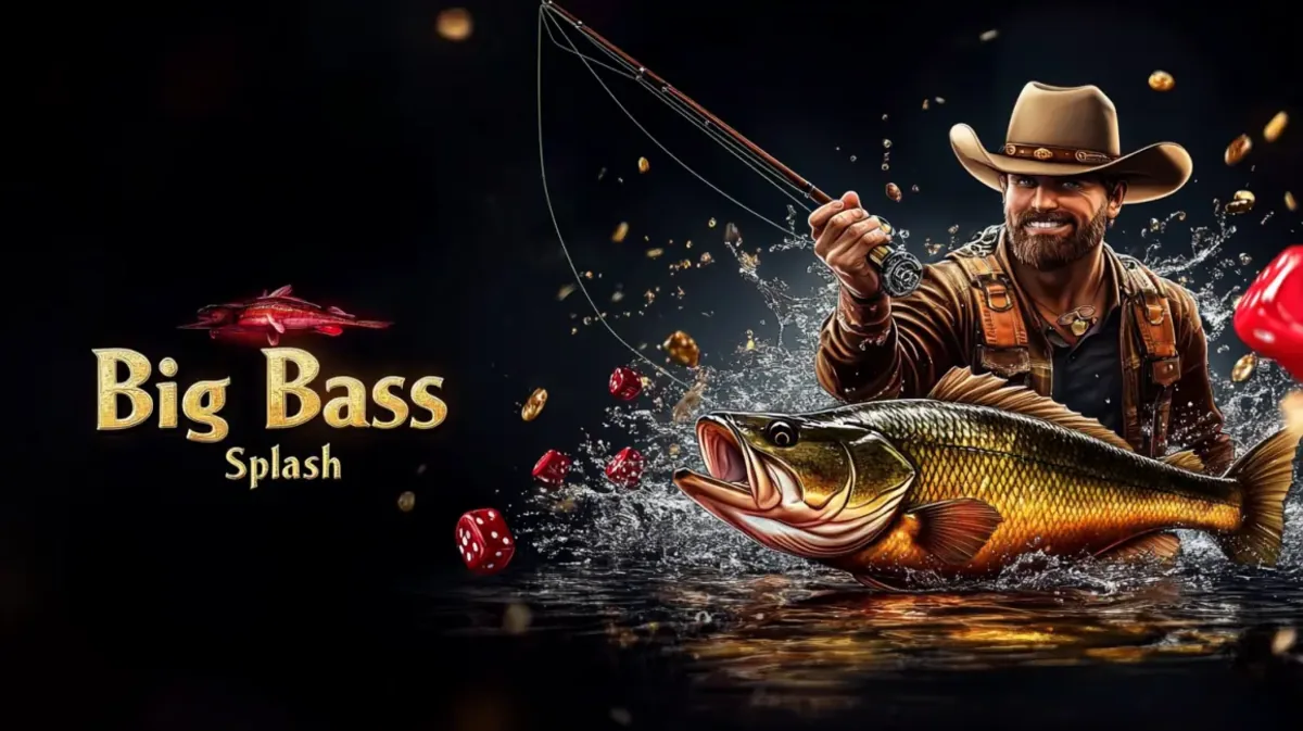 kv8-এ উপলব্ধ Big Bass Splash গেমটির এই প্রচারণায় একটি খুশি জেলে, কাউবয় হ্যাট পরা, একটি বড় বেস মাছ ধরছেন।